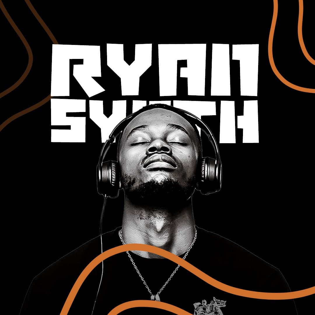 Cover of Ryan Synth's press kit: black and white portrait in headphones, eyes closed, under his blocky RYAN SYNTH wordmark, crossed by burnt-orange wave lines